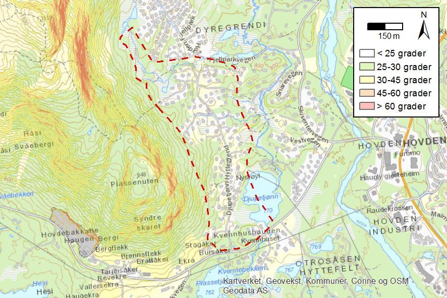 Figur 3: Helningskart for det kartlagte området ved Djupetjønn Hyttegrend (markert i rødt). Berggrunn I følge NGU sine berggrunnskart består berggrunnen i området av finkornet granitt [2].