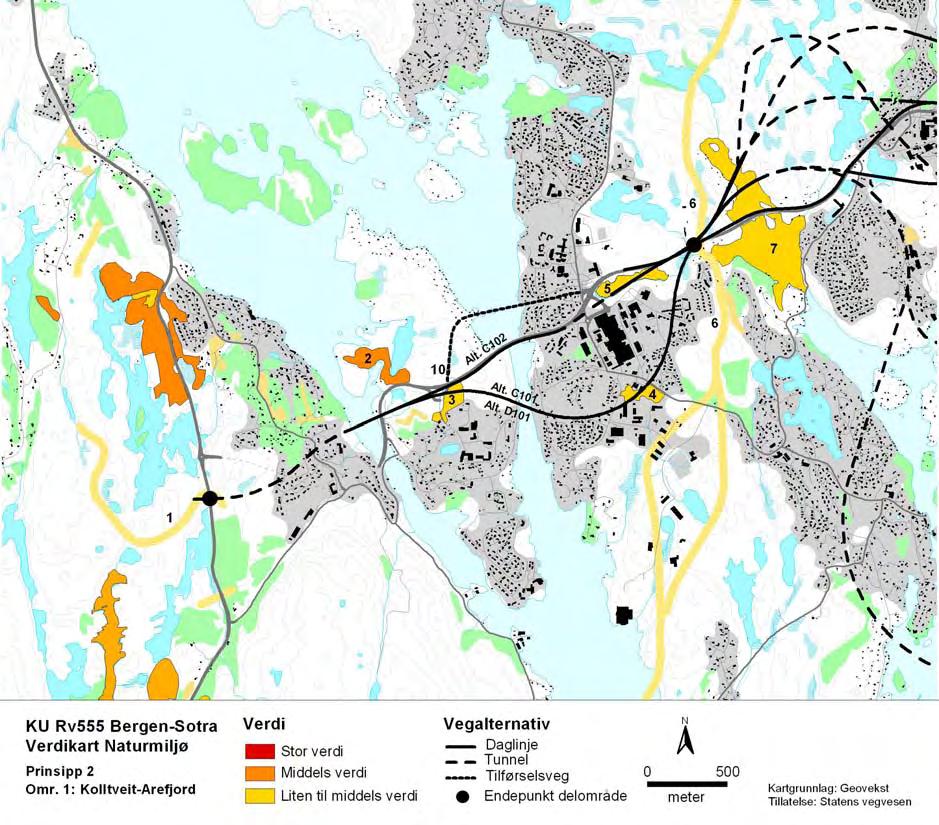 Figur 1. Naturverdiar i dagens korridor, delområdet Kolltveit Arefjord. Alternativ D101, lang tunnel, sjå figur 5. Tabell 1.