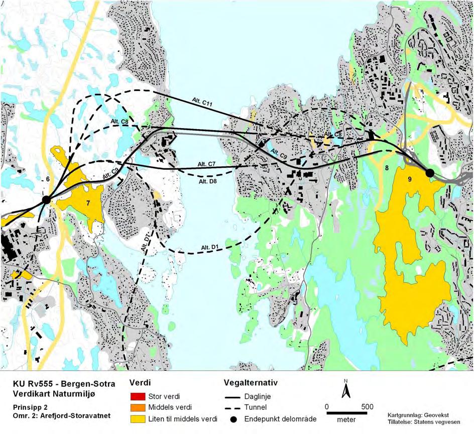 Figur 2. Naturverdiar i dagens korridor, delområdet Arefjord Storavatnet. Tabell 2.