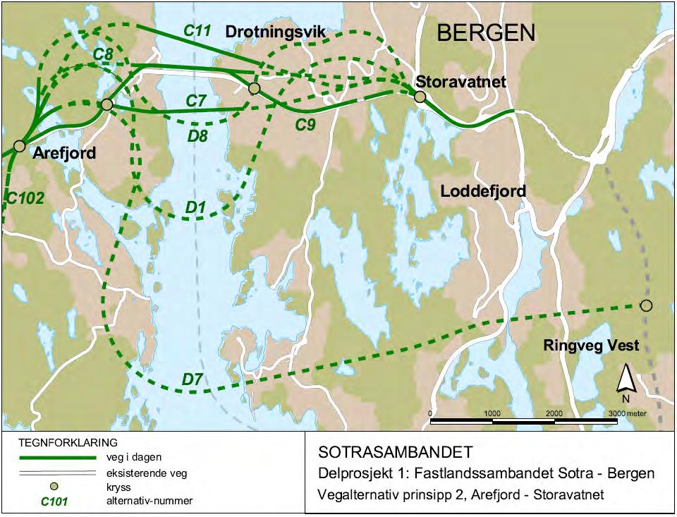 Alternativ på strekninga Arefjord Storavatnet Figur 9: Alternativ på strekninga Arefjord Kolltveit. Alternativ C7 er ny fire-felts bru over Arefjordspollen og tunnel mot Valen/Knarrvika.