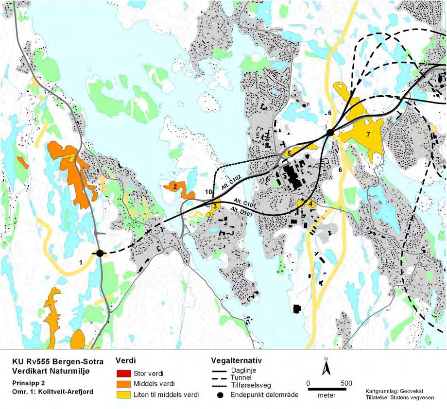 3.3 Område 1, Kolltveit - Arefjord For områdeavgrensing og beskrivelse av ulike vegalternativ viser ein til kap. 2.3.3. Heile delområdet ligg i den skoglause delen av planområdet, og det som finst av skogholt i området er for det meste ung skog av med bjørk, selje og rogn.