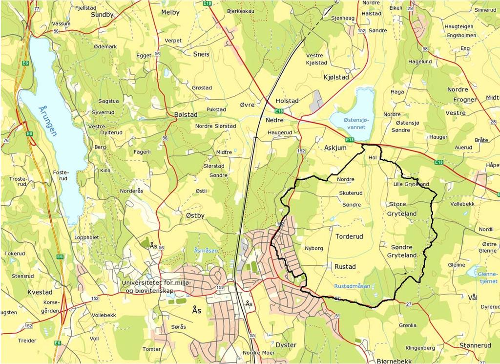 2. Materialer og metoder 2.1 Beskrivelse av Skuterudfeltet Nedbørfeltet til Skuterudbekken er 4489 daa og ligger delvis i Ås og delvis i Ski kommune i Akershus (Figur 2.1).