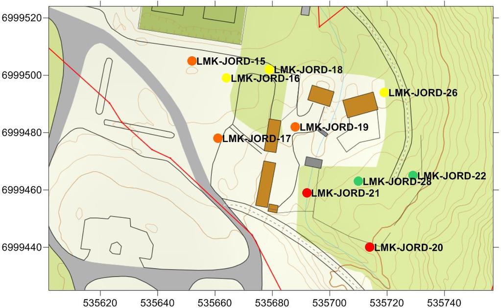 Kart som viser tilstandsklassene i de forskjellige prøvepunktene i undersøkelsesområde 3.