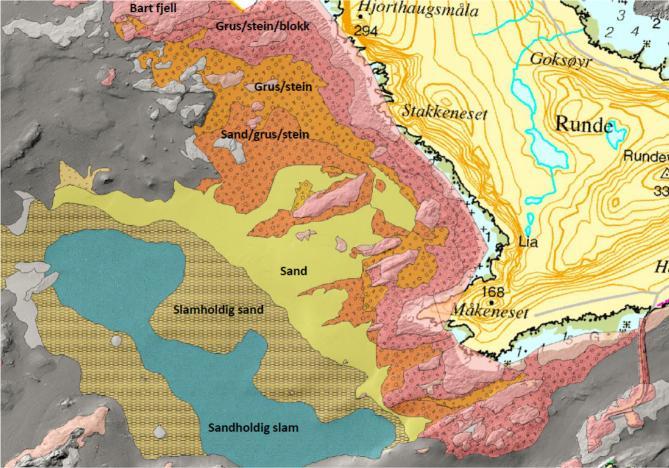 Eksempel på ferdig sediment kart er vist i Figur 5 frå området ved Måganeset på Runde.