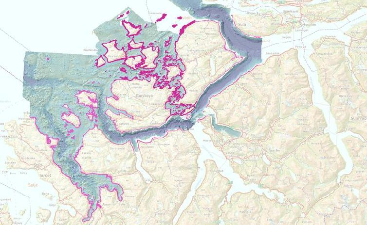 Figur 6. Kart over sjøområda som skal kartleggast med grøn laser. Miljødirektoratet fekk utarbeidd rapport med samanfallande konklusjon i 2013. Sjå link nedanfor: http://www.miljodirektoratet.