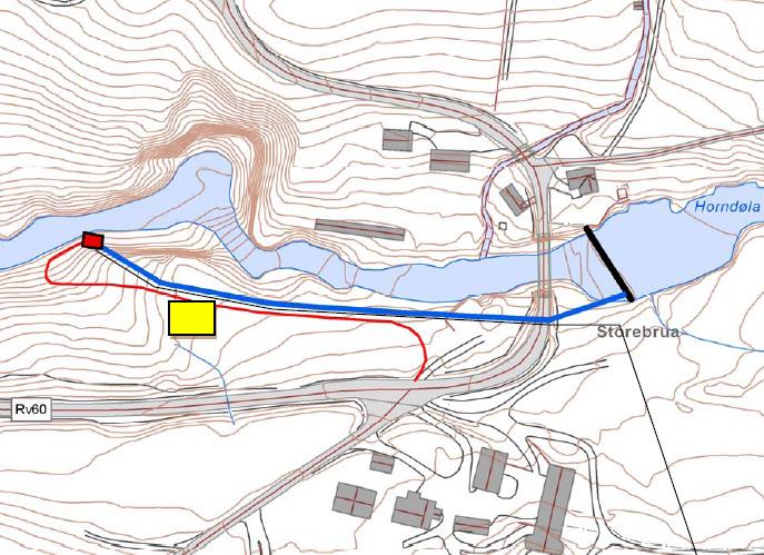 Side 5 av 8 Dam er vist med svart strek. Rørgate med blå og tilkomstveg med raud strek. Raud firkant er ny kraftstasjon og gult område er riggplass. 4.