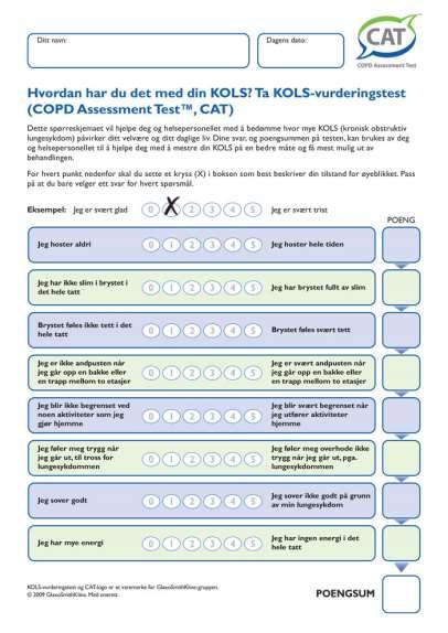 CAT COPD Assessment Test Single domain Score 0 40 Lav <10 Moderat 10-20 Høy 21 30