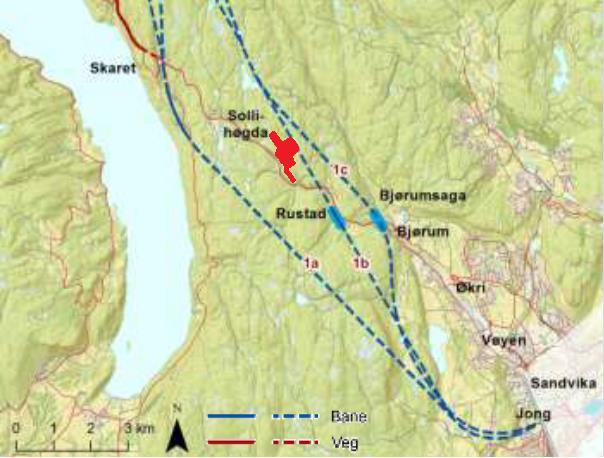 Blå merking viser mulige togstasjoner for Avtjerna. Jernbaneverket anbefaler jernbanetraseen 1b med togstasjon på Rustad. Rødt felt viser NBNP 2s eiendom.