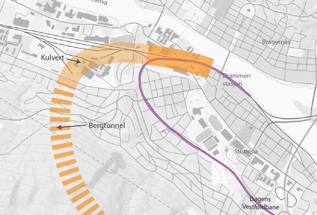 Korridor Sundland vest: «Sundland vest» Korridoren følger Sørlandsbanen etter avgrening fra dagens Vestfoldbane og grener av etter Strømsgodset kirke.