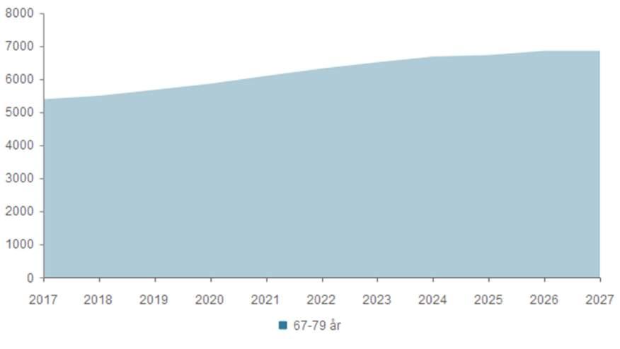 Eldre (67-79 år) 2017 2018 2019 2020 2021 2022 2023 2024 2025 2026 2027 67-79 år 5 383 5 488 5 667 5 853 6 087 6 312 6 500 6 672 6 719 6 845 6 845 Total