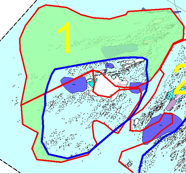 Konsekvensutredning av flerbruksareal med tillatt akvakultur i område 1 vist med gult tall og grønn farge i kartskisse nedenfor. Området omfatter deler av LAE0001185 og LAE0001184.