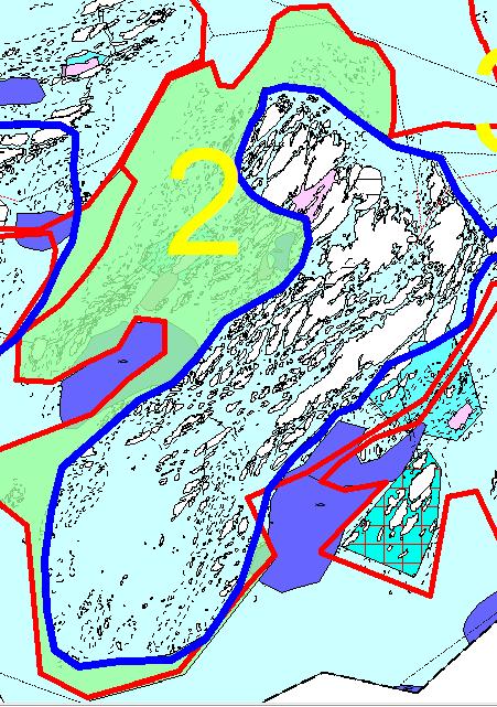 Konsekvensutredning av flerbruksareal med tillatt akvakultur i område 2 vist med gult tall og grønn farge i kartskisse nedenfor. Området omfatter deler av LAE0002501.