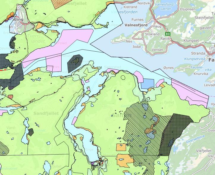 Utsnittet viser arealstatus i kommuneplanens arealdel. Natur, miljø og samfunn Fjordsystemet: Skjerstadfjorden er et stort fjordsystem som dekker et areal på totalt 260 km².