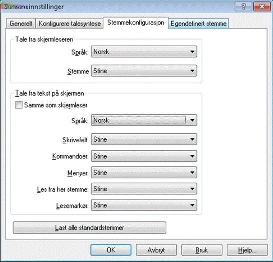 Stemmeinnstillinger, fanen Stemmekonfigurasjon For å skifte mellom språk brukes nå Ctrl+.