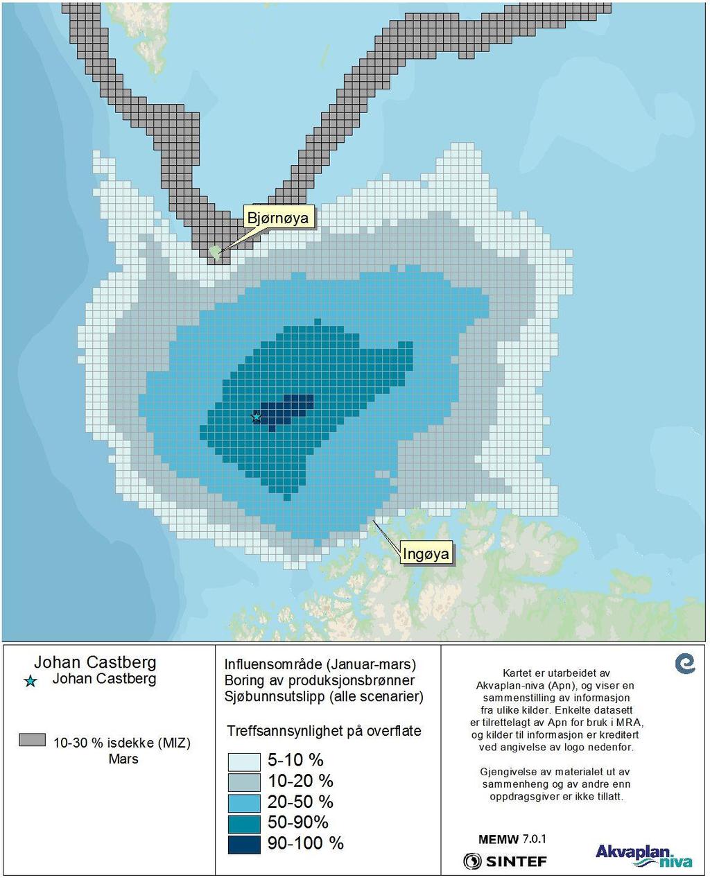 Figur 15 DFU-1, sjøbunnsutslipp (alle Scenarier -Statistikk for januar til mars)- Treffsannsynlighet av mer enn 1 tonn olje på overflaten i en 10x10 km rute