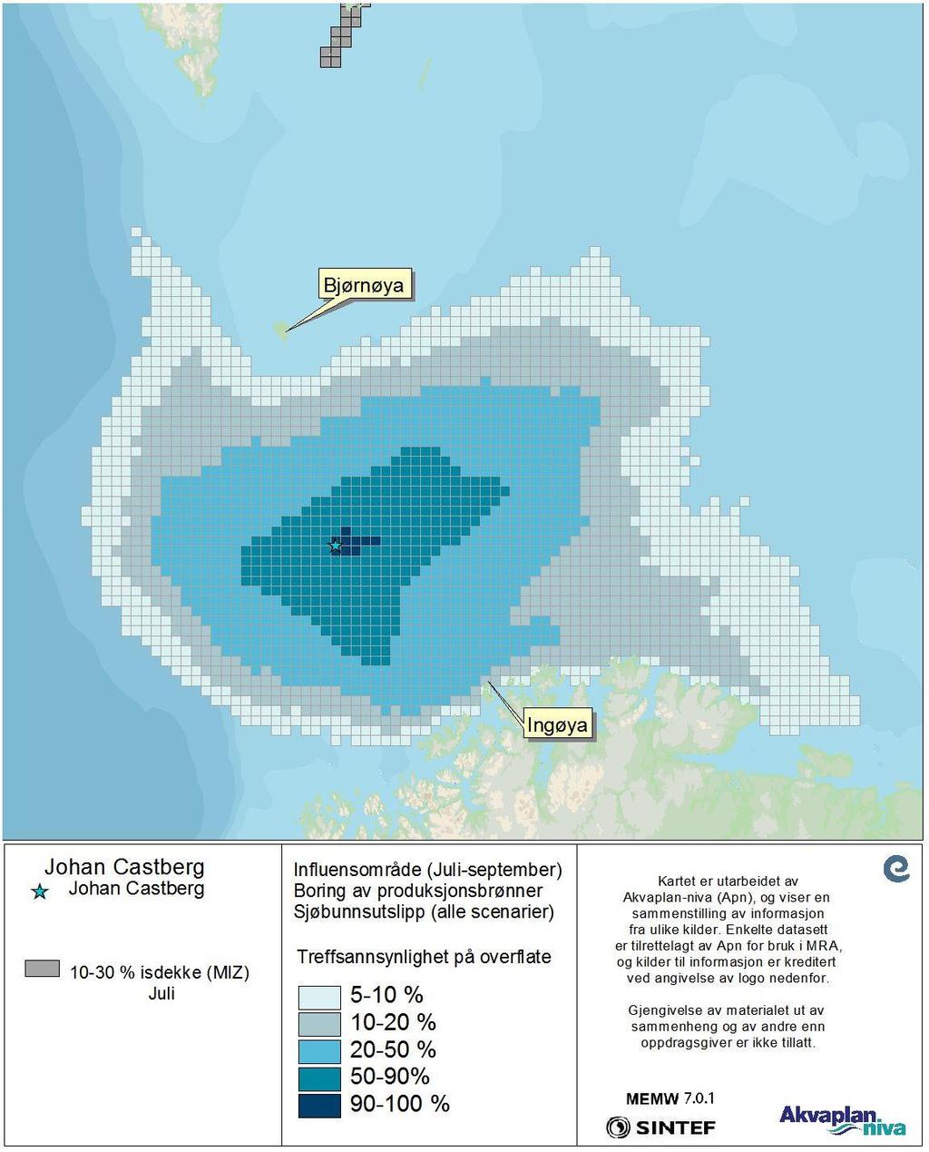 Figur 17 DFU-1, sjøbunnsutslipp (alle Scenarier- Statistikk for juli-september)- Treffsannsynlighet av mer enn 1 tonn olje på overflaten i en 10x10 km rute beregnet fra alle
