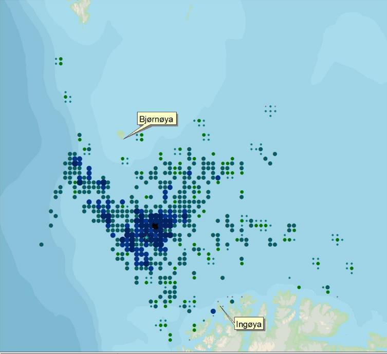 Oljemengde i en 10 km rute: 290 tonn (gjennomsnitt) 6 948 tonn (max) Figur 26 Utbredelse av olje på havoverflaten fra simuleringen