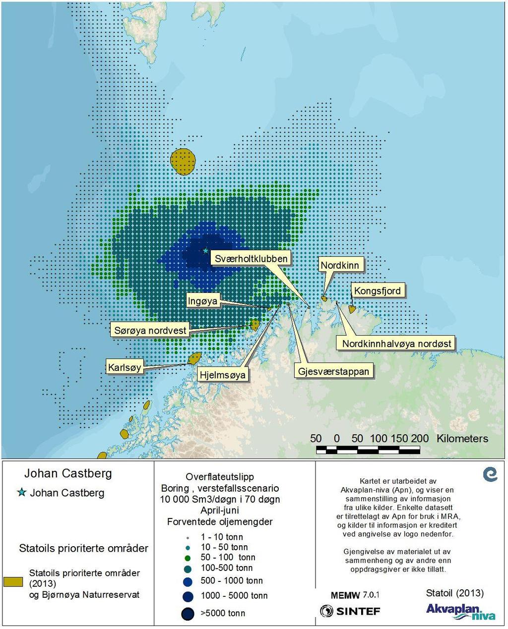 Figur 43 Utvalgte eksempelområder (Statoil, 2013) innenfor området med mer enn 1 tonn forventede oljemengder,