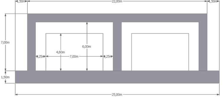 Figur 2-3: Tunnelprofil (mål i m) med to løp for senketunnel, klasse E (Håndbok N500). Forslag til bruløsning Figur 2-4 viser én mulig type bruløsning (mål i mm) med kassebru i spennarmert betong.