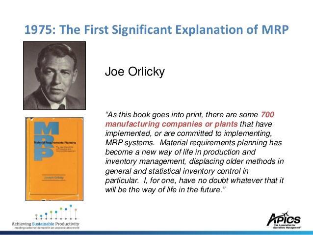6.6 MRP-algoritmen (planleggingsmetodikken) I 1964 utviklet Joe Orlicky en algoritme for å beregne MRP-planer for komponentene ved produksjon/innkjøp.