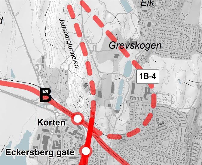 1B-4, Stasjon ved Korten Vil kunne føre til store inngrep i boligområdene på Solvangområdet. Det er utfordrende å finne fjelloverdekning, og deler av dette må bygges ved åpen byggegrop.