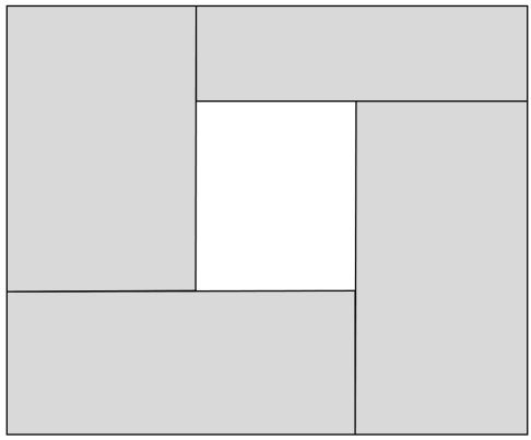 Oppgave 5 Et rektangel er delt opp i fem mindre rektangler, som på figuren. Omkretsene av de fire grå rektanglene er 6, 11, 12 og 13.