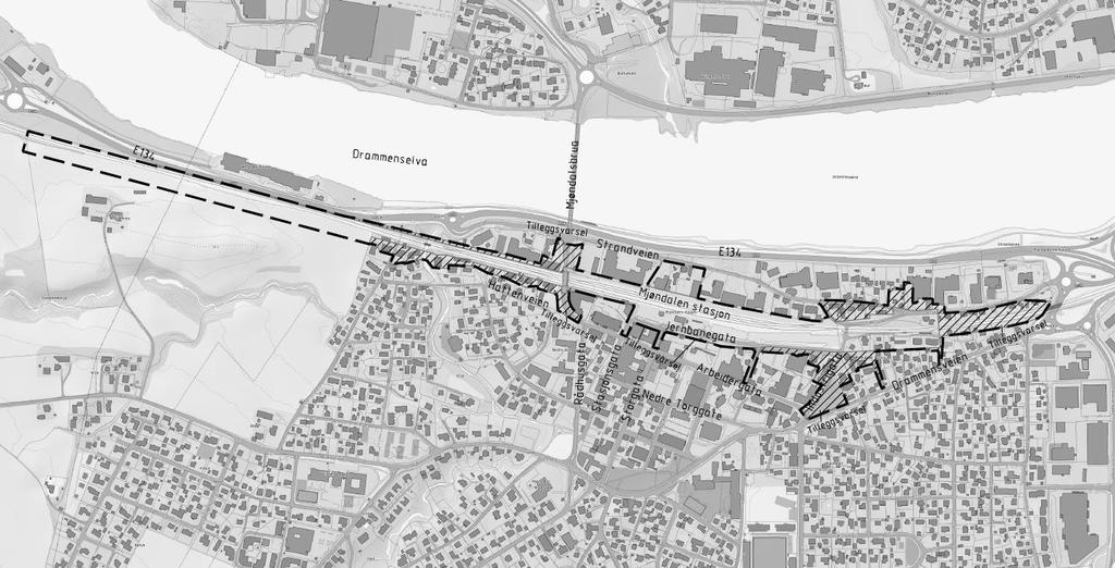 21 av 54 Figur 11: Varslet planområde for Mjøndalen stasjon. Grensesnitt mot dobbeltsporprosjektet er endret på østsiden av stasjonen, og går nå ved Evja.