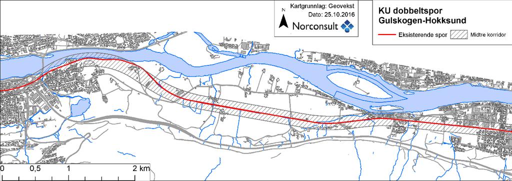 27 av 54 Figur 13: Anbefalt korridoralternativ på delstrekningen Gulskogen Mjøndalen. Tabell 5: Nøkkelopplysninger om anbefalt korridoralternativ på delstrekningen Gulskogen Mjøndalen.
