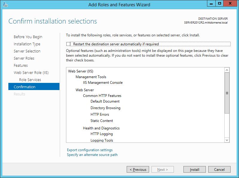 3. Ta med disse ekstra rolletjenestene (Role services) i tillegg til de Windows foreslår selv: Logging Tools Basic Authentication Windows Authentication 4. Fullfør installasjonen.