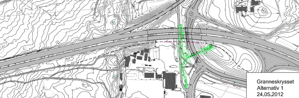 Figur 3-2 Påkopling alternativ 1 - Granneskrysset (sort stiplet linje viser sykkelstamvegtraseen fra kommunede