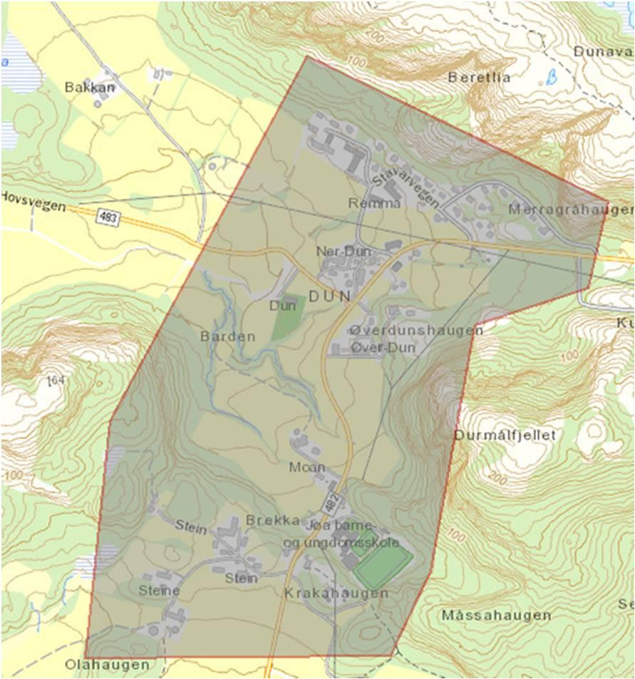FTTH anlegg på Dun. Leveranse 31 okt. 2017 Skisse viser område for fiberleveranse på Dun.