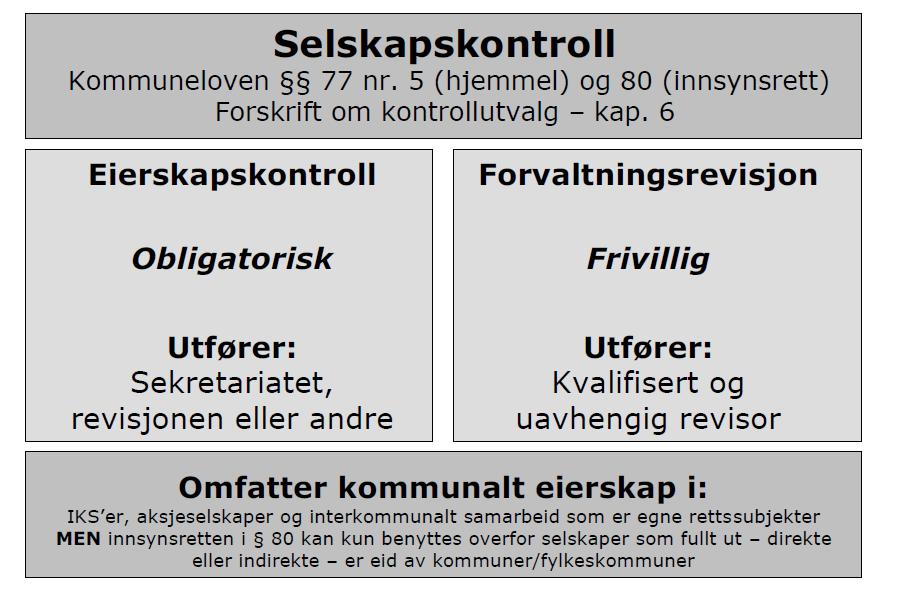 Figuren nedanfor viser selskapskontrollen sitt omfang og innhald, og er henta frå NKRF sin praktisk veileder for selskapskontroll Nokre kommunar har utarbeidd eigarskapsmelding med oversyn over