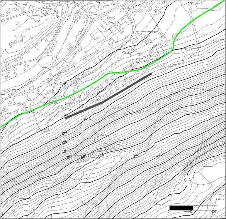 Rapport nr.: 20081533-1 Side: 14 / Rev.: Figur nr 5. Forslag til plassering av fanggrøft (tykk svart linje) ved eksisterende samlegrøft ovenfor byggefeltet ved Ulstad. Figur nr. 6.