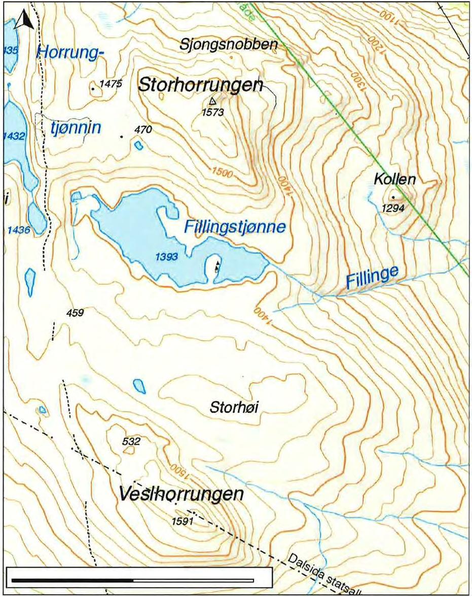 Kart 2. Områdene rundt Storhorrungen og Veslhorrungen I områdene ved Storhorrungen og Veslhorrungen planlegger Universitetet i Oslo å kartlegge geologi, ta bilder fra helikopter og samle inn ca.