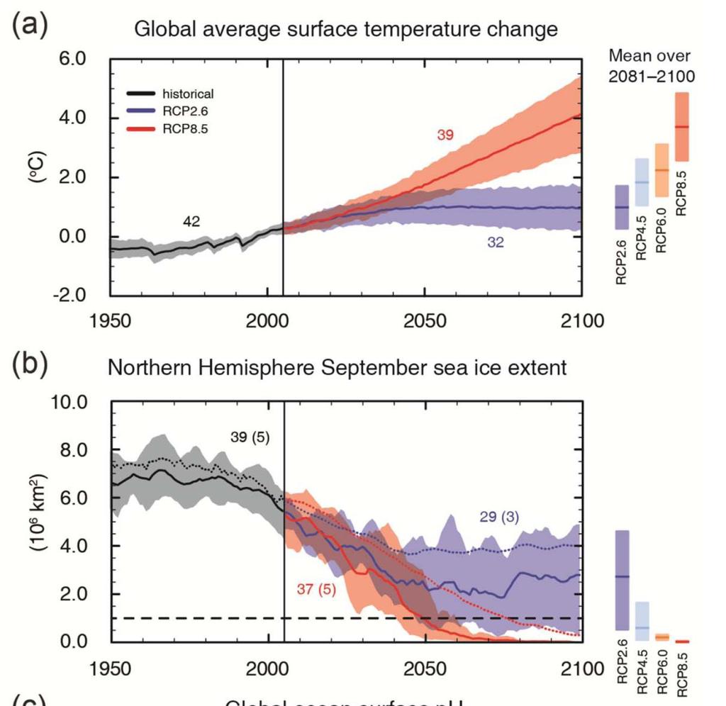 Future changes RCP 8.5 warming 2081-2100: 3.7 (2.6 to 4.8) C relative to 1986-2005 RCP 2.6 warming 2081-2100: 1.0 (0.3 to 1.7) C relative to 1986-2005 Observed warming 1986-2005: 0.