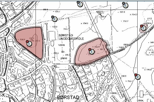 Kartet over viser utsnitt av Riksantikvaens database Askeladden der området mellom Børstad ungdomsskole og bensinstasjonen er vist som fornminneområde.