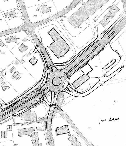 Alternativ 1; Femarmet rundkjøring (diameter = 35m) Alternativ 1 har to sydlige armer i rundkjøringen separate armer for Solvangveien og til idrettsparken.