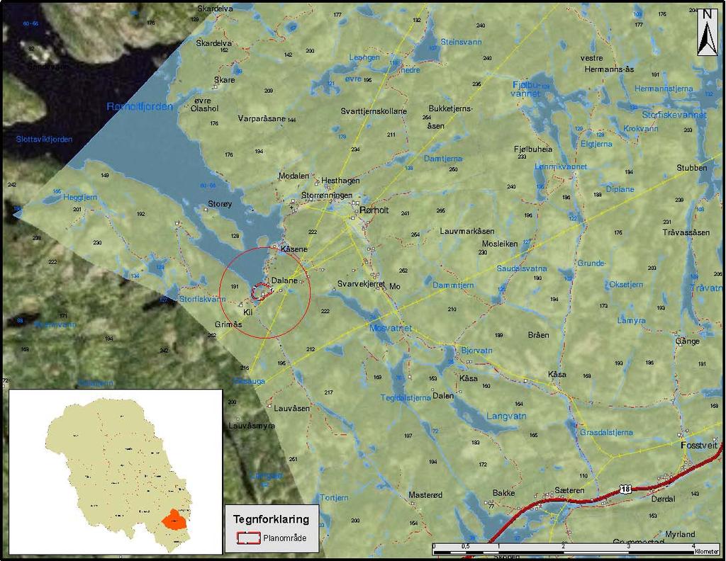 Kart 1. Viser planområdets beliggenhet ut i fra Europavei 18 ved Bakkevatnet og Rørholt i vestre del av Bamble kommune.