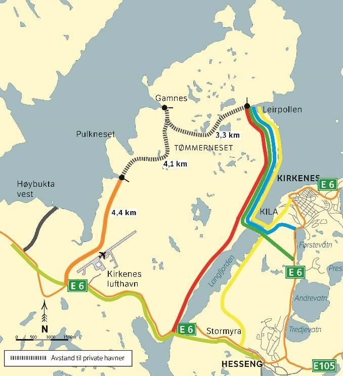 Figur 39 Kart med avstander til private havner Kystverket og Statens vegvesen anbefaler aktørene å samlokalisere seg i en havn.