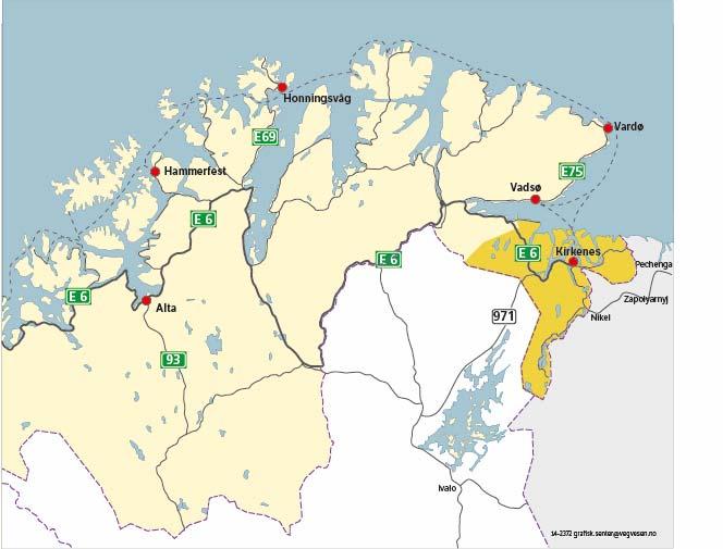 2.2 Geografi Sør-Varanger kommune ligger øst i Finnmark, og grenser mot Russland og Finland, samt Nesseby kommune i vest. Kommunens areal er nesten 4000 km 2.