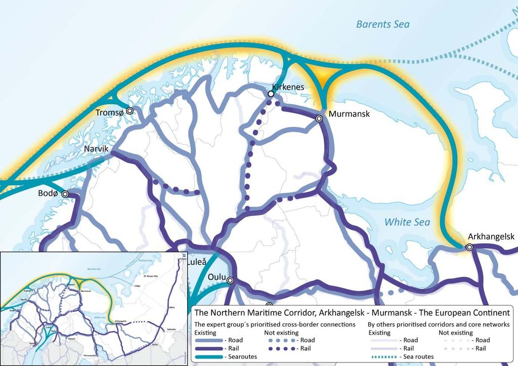 Figur 20 Grensekorridorer. «Den nordlige maritime korridor» (Kilde: JBTP) Analyse av transport E6 langs innfartsvegen til Kirkenes har en gjennomsnittlig årsdøgntrafikk (ÅDT) på ca.