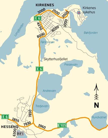Figur 21 Kart over ÅDT Reisemiddelfordeling I forbindelse med den nasjonale reisevaneundersøkelsen 2013/14 ble det utført 500 ekstraintervjuer i Sør-Varanger.