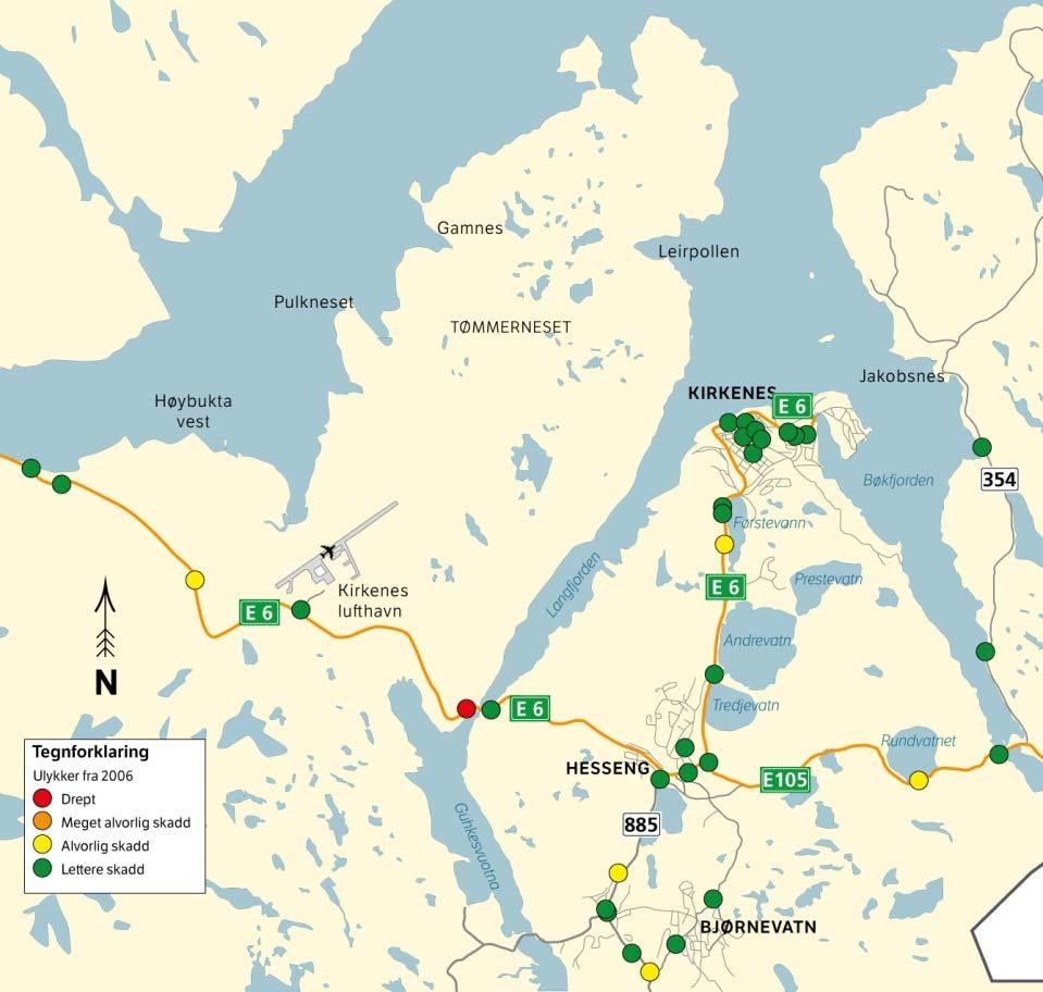 Figur 22: Kart over trafikkulykker siste 10 år Kollektivtrafikk Kirkenes har både bybuss og langruter. Bybussen dekker de mest befolkede områdene Bjørnevatn, Sandnes, Hesseng og sentrum.