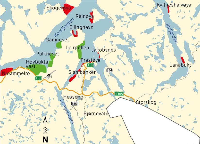 Figur 25 Kart over mulige havner i Kirkenes og omland. Havn Areal Vurdering Vegtilknytning Kommentarer Anbefales/ Anbefales ikke Lanabukt 1200 da Ved veg med lav standard 33 km til sentrum.
