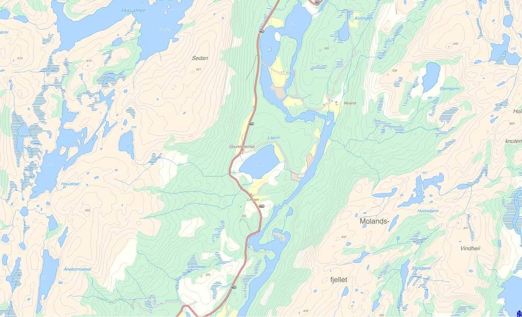 LITJØRN Oversiktskart Litjørn. Litjørn ligger på vestsiden av Kvina, midt mellom Lindefjell og Netland, og har avløp via en kort bekkestubb til Kvina.