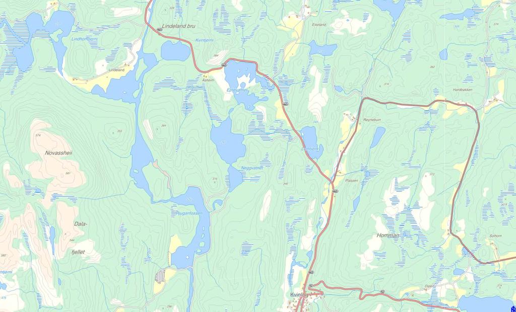 KVINTJØRN (LINDELAND) Oversiktskart Kvintjørn. Kvintjørn ligger rett nedstrøms Lindeland bro og har avløp via en kort bekkestubb til Kvina. Kvintjørn er ikke på noen måte påvirket av reguleringer.