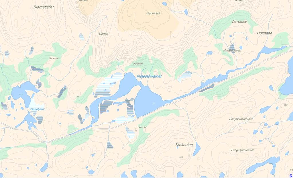 INSTESTØLSVATN Oversiktskart Instestølsvatnet og Hønetjørn. Instestølsvatn ligger i Høna ca. 2 km nedstrøms Ognhellervatn.