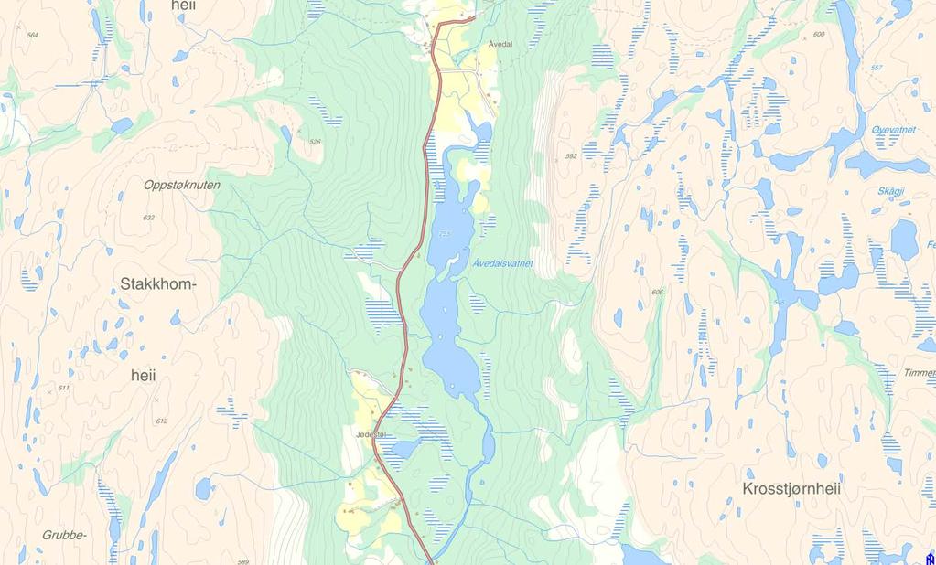 ÅVEDALSVATN Oversiktskart Åvedalsvatnet. Hovedtilløpet til Åvedalsvatn er betydelig redusert, da N. Førevatn er overført til Tonstad kraftverk.