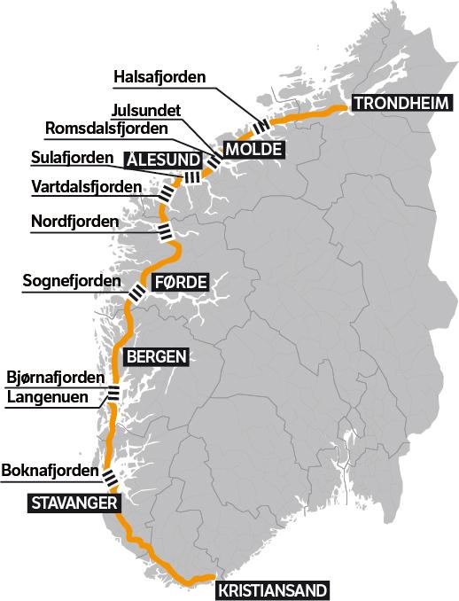 Fjordkryssingar langs E39 (Breidde, Djupn) Halsafjorden, 2 km, 5-600 m Moldefjorden, 13 km Undersjøisk tunnel 330 muh + 1,6 km bru, 5-600 m Sulafjorden, 3,8 km, 500 m