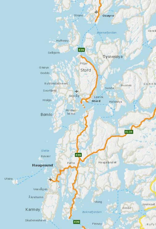 Bergen E39 Bokn-Aksdal-Stord-Os ca. 130 km 3 1. Bokn Stord 70 km Gjennomført idedugnad, oppstart planprogram til hausten 2 2. Stord ca.